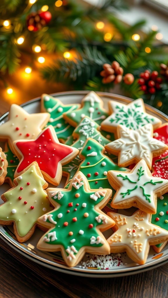 A festive assortment of decorated Christmas cookies on a platter, featuring colorful icing and sprinkles.